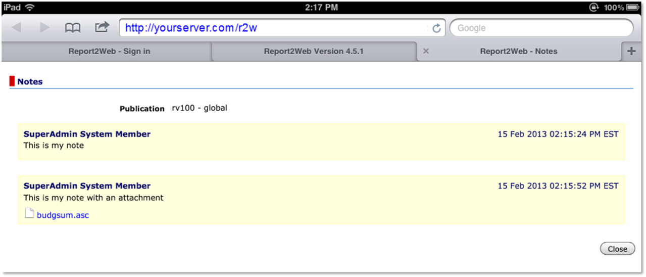 Screenshot of Document Notes dialog on an iPad